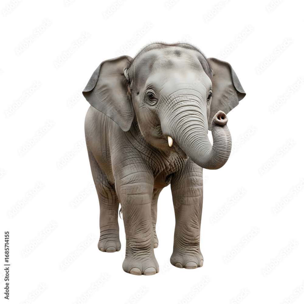 Fototapeta premium Young elephant calf standing and looking forward isolated on transparent background