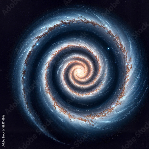 Spiral galaxy in vibrant colors with swirling patterns and cosmic elements