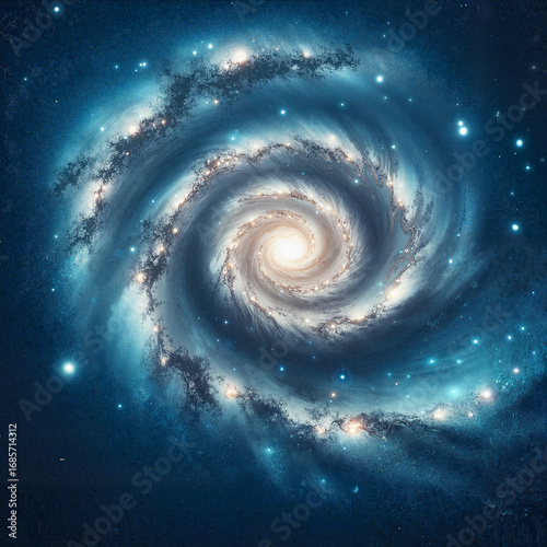 Spiral galaxy in vibrant colors with swirling patterns and cosmic elements