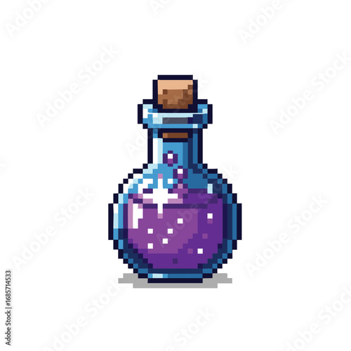 Pixel Art Potion Bottle with Purple Liquid and Sparkles.