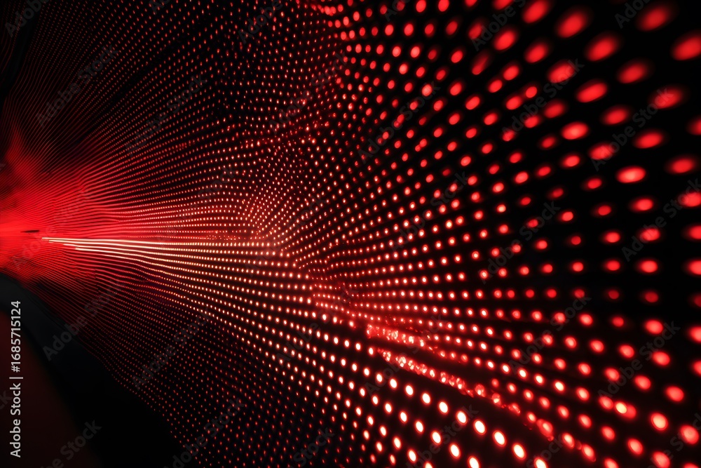 Obraz premium Red LED lights on the wall, digital light pattern, red background, symmetrical composition, 