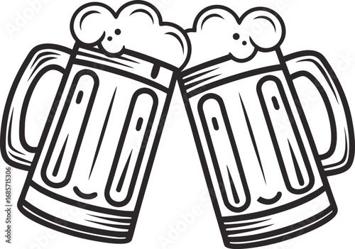 Two beer mugs toasting with frothy beer
