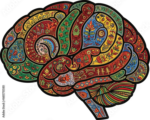 Colorful artistic human brain with intricate abstract patterns.