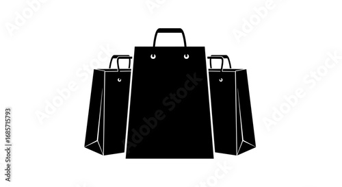 Black shopping bags stacked together on transparent background  