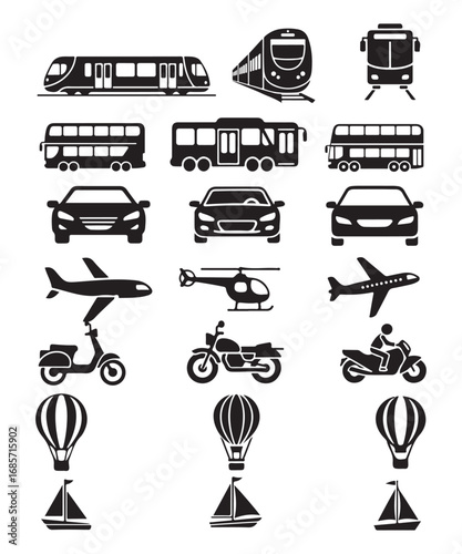 Transport Vehicles and Travel Icons Vector Illustration Set.