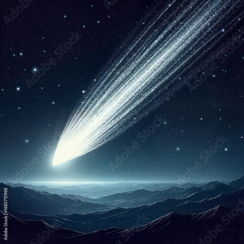 Dramatic comet soaring through the night sky above mountains with a glowing landscape in the background