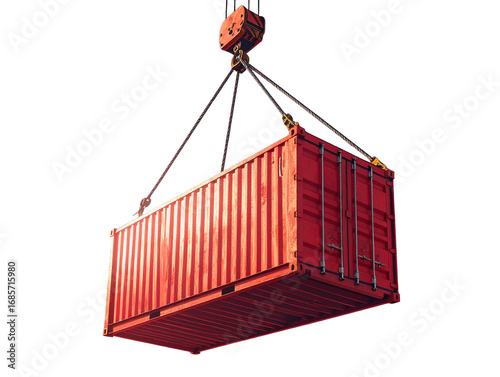  Red Cargo Container Suspended by Crane Hooks, Isolated PNG