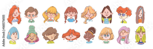 Set of children avatars. Different kids portraits of girls and boys with diverse face expressions, ethnicity, hair, skin color. Hand drawn illustration of multiracial school children, user profiles.