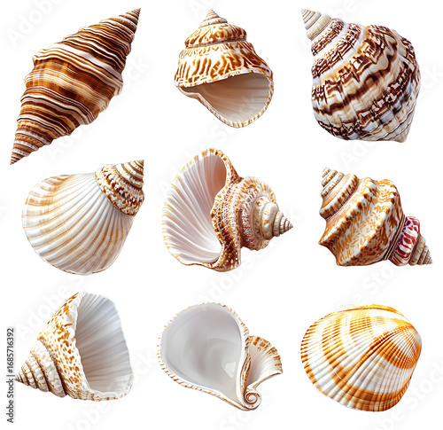 seashells, transparent background, png file with separate images of each shell.