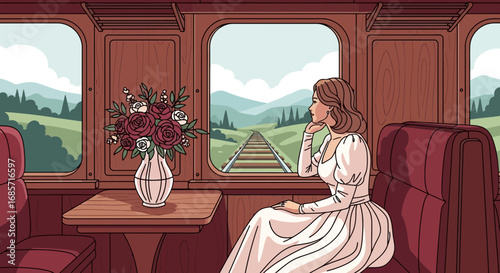 Elegant woman on a train journey contemplating life's adventures and destinations