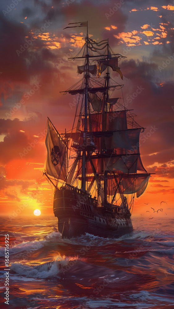 Obraz premium sailing ship at sunset