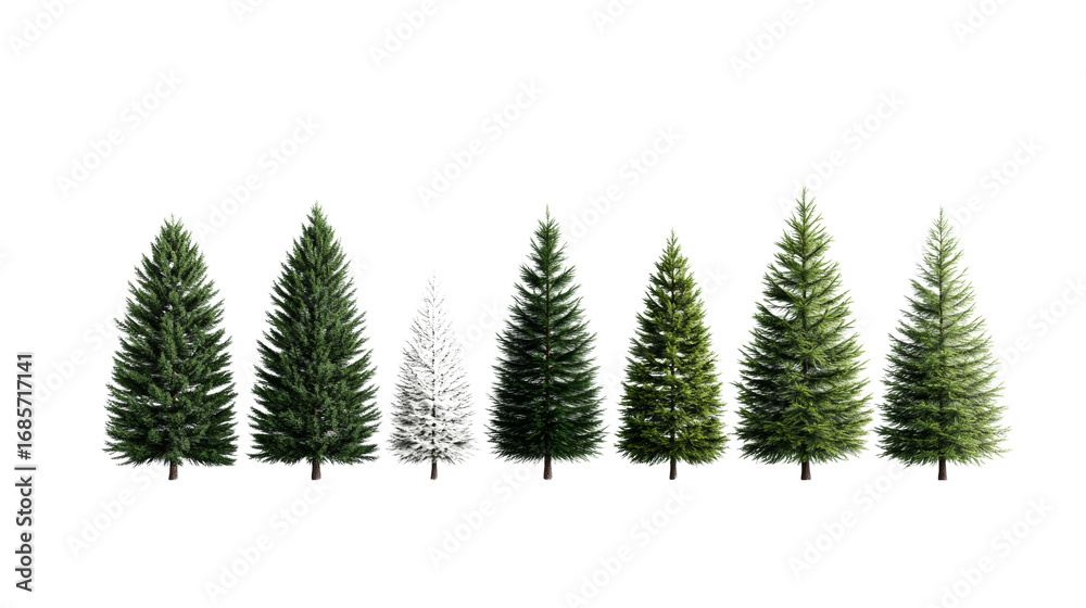 Obraz premium Eight Evergreen Trees, Winter Forest Collection, Isolated on Transparent Background, Christmas Trees, Pine Trees, Conifers