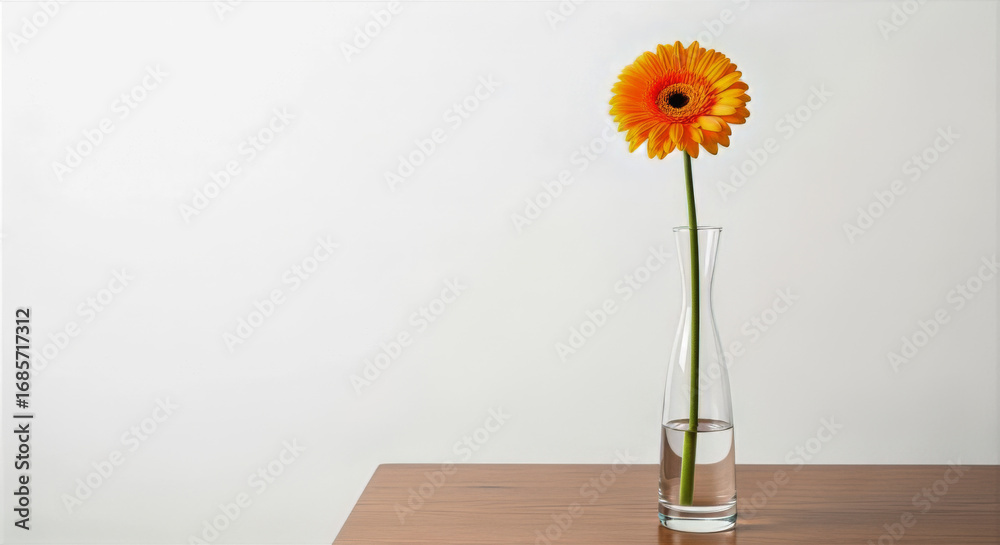 custom made wallpaper toronto digitalA single orange gerbera daisy in a clear glass vase on a reflective surface against a white background wall