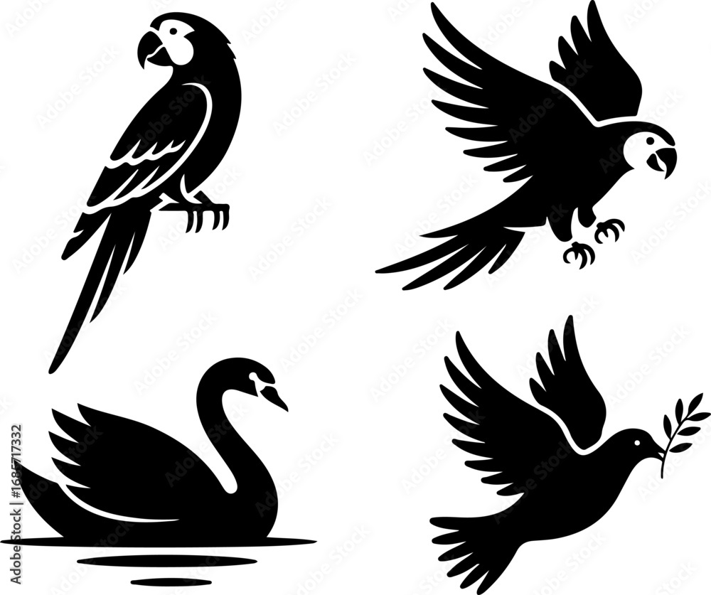 Fototapeta premium Bird Silhouettes Collection – Parrot, Swan, and Dove