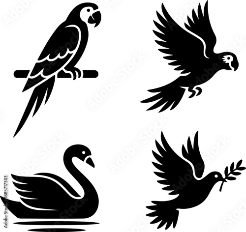Bird Silhouettes Collection – Parrot, Swan, and Dove"