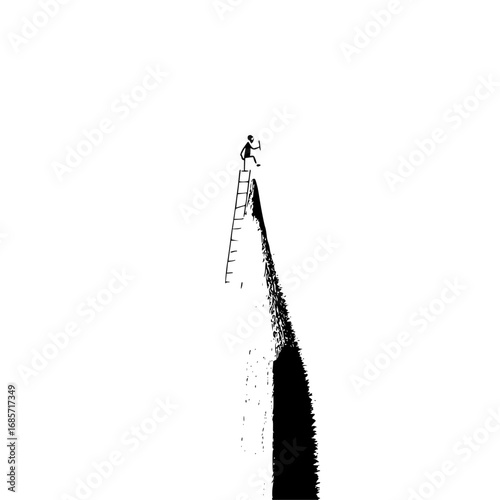 A silhouette of a person standing on a ladder at the edge of a cliff holding an object overhead
