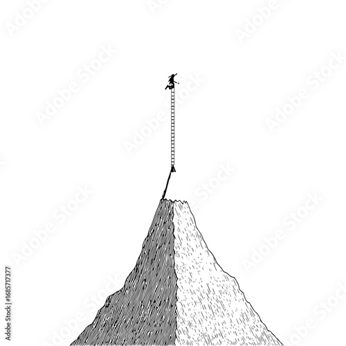 A lone figure ascends a tall ladder resting on the peak of a rugged mountain drawn in black and white style
