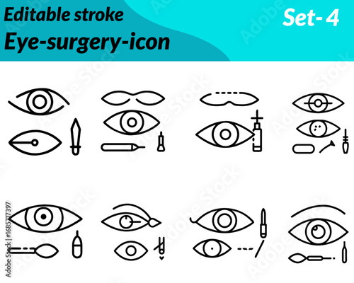 Eye-surgery icon character designed. with a clear eye symbol combined with surgical tools like a scalpel laser beam  medical cross. Minimal flat vector style with smooth lines to represent vision care