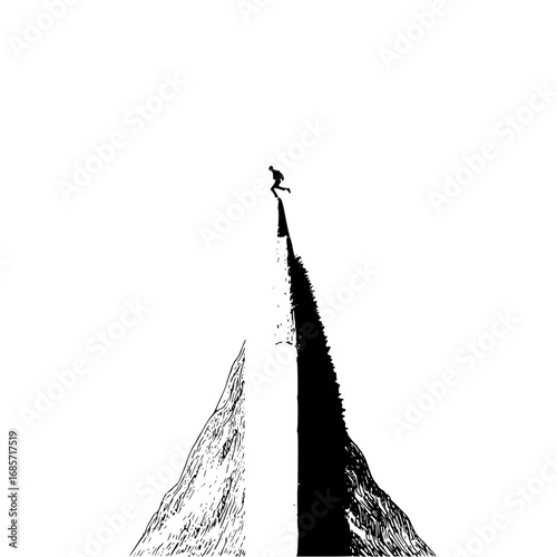 A silhouette of a person jumping from a sharp peak of a mountain in a monochromatic illustration style