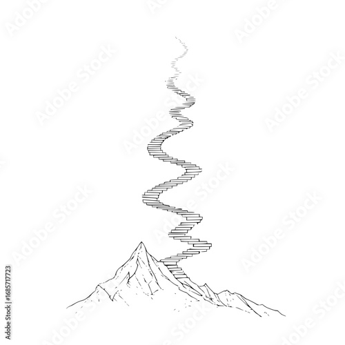 A drawing of a mountain with a long winding staircase leading to the top in black and white illustration