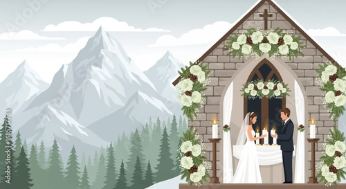 Mountain Wedding Ceremony in a Picturesque Stone Chapel Surrounded by Nature