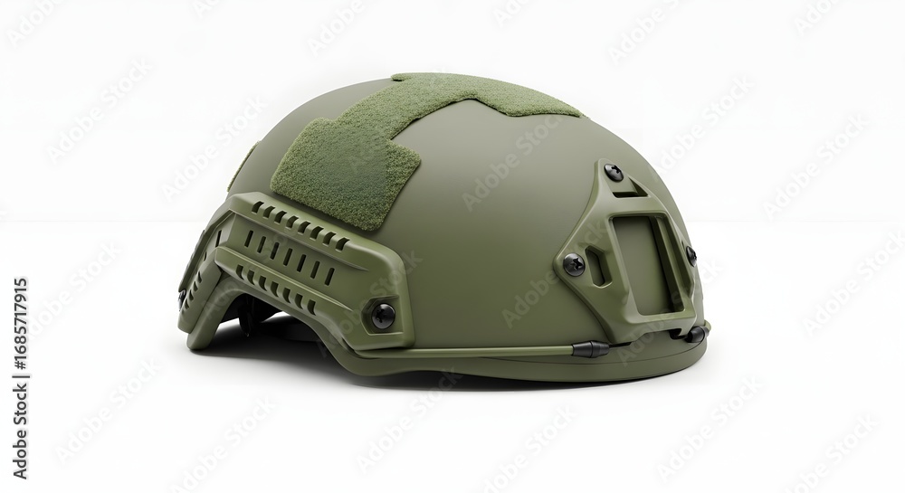 Fototapeta premium A close up shot of a green tactical helmet with velcro and rails on a white background studio shot
