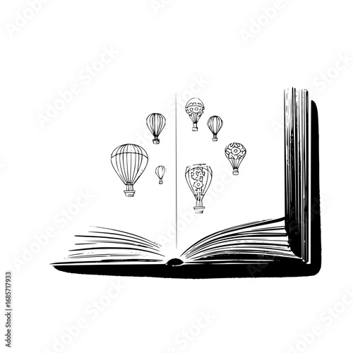 Open book illustration with several hot air balloons floating upwards on a white background image view