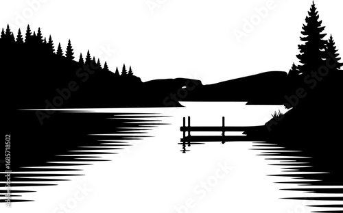 "Serene Lake Dock – Nature Silhouette Landscape"