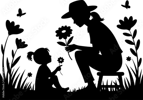 Garden of Moments" Mother and Child, Garden, Flowers, Vector Bundle