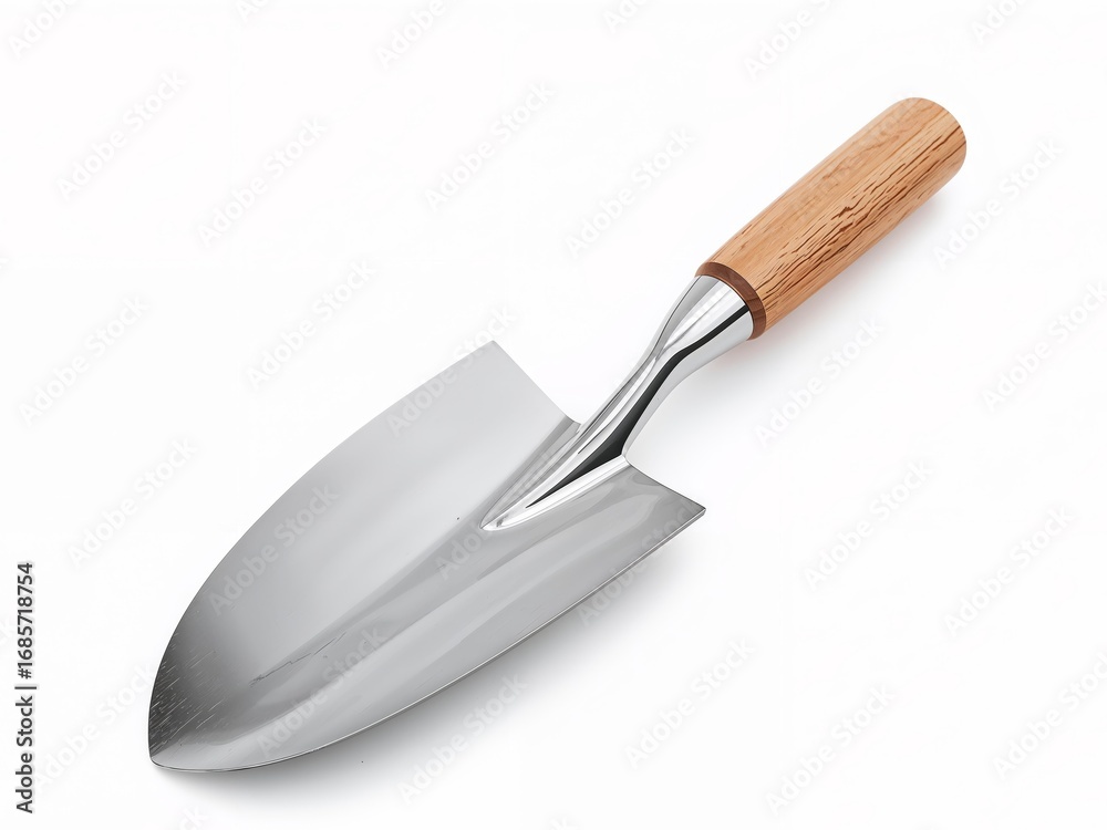 Fototapeta premium Metal Shovel With Wooden Handle. A Study in Form and Texture, Clean, White Backdrop.