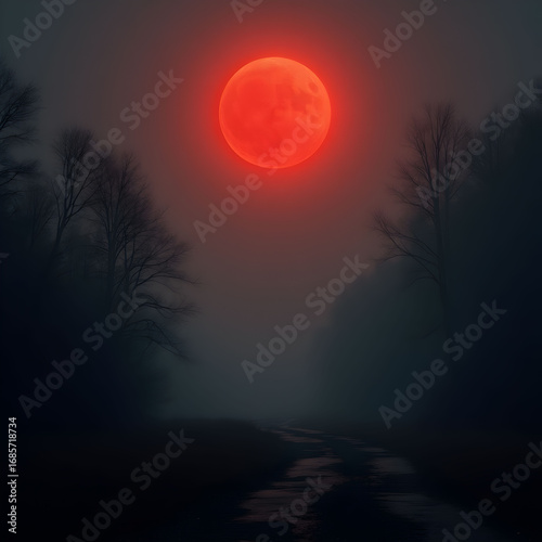 Eerie Blood Moon Rising Over Foggy Landscape: A Captivating Night Scene