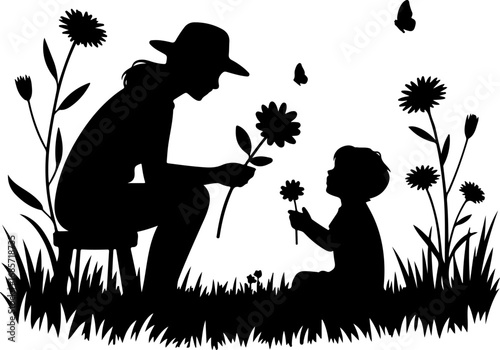 Garden of Moments" Mother and Child, Garden, Flowers, Vector Bundle
