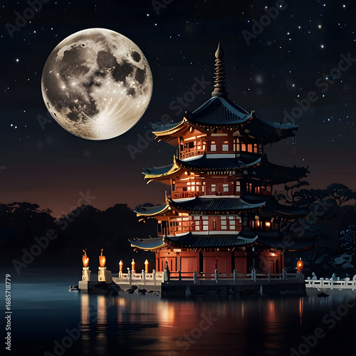 Nighttime Serenity: Illuminated Pagoda under a Full Moon