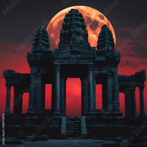Enigmatic Temple Ruins at Blood Moonrise: An Eerie Night Scene