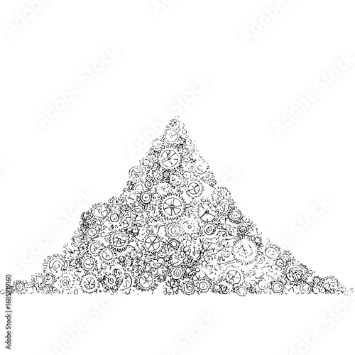 A mountain composed of interconnected gears and cogs in a black and white drawing style illustration