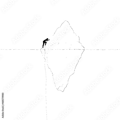 Silhouette of a person clinging to the edge of an iceberg with its reflection in the water surface seen