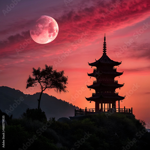 Serene Sunset: Pink Moon & Pagoda Silhouette - Asian Landscape Photography