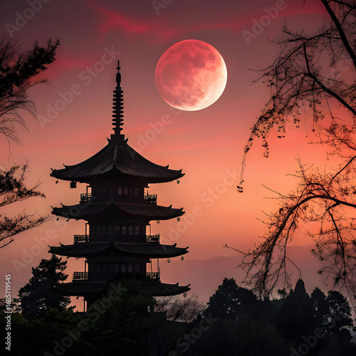 Serene Pagoda Silhouette at Sunset with Blood Moon