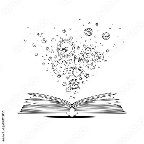 An open book with gears and cogs floating above it in a black and white illustration style image view