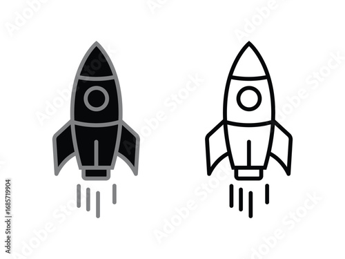 Retro rocket ship launching upwards with fiery exhaust symbol icon set