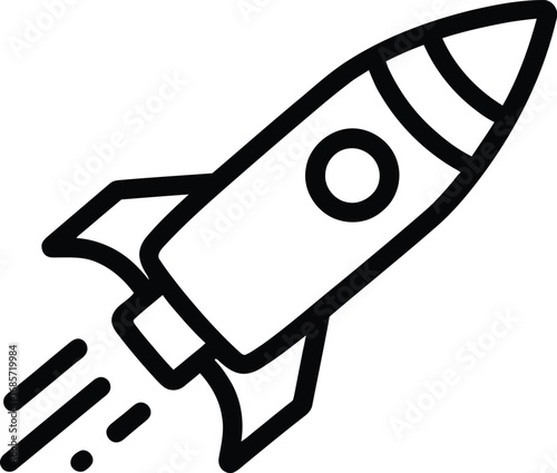 Simple line art rocket ship icon launching into space adventure concept