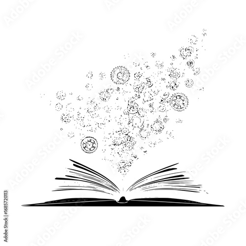Open book with gears and cogs floating upwards in a black and white illustration style image design
