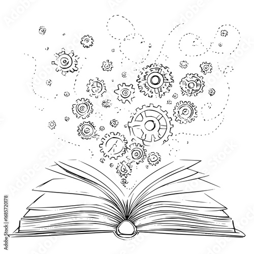 Open book with gears floating above it in a whimsical sketch style black and white illustration design