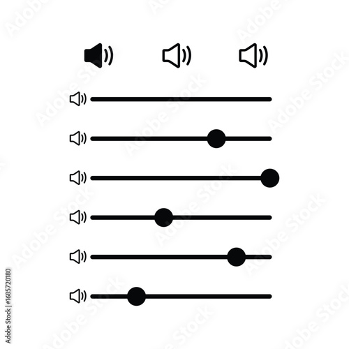 Set of speaker volume control sliders and icons for audio adjustment