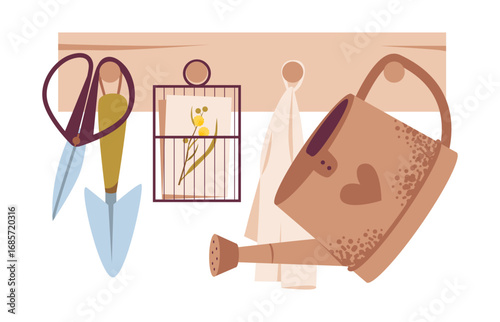 Rural gardening tools including watering can, shovel and shears. Gardening equipment. Flat vector illustration ideal for agriculture, cultivation, organic farming.