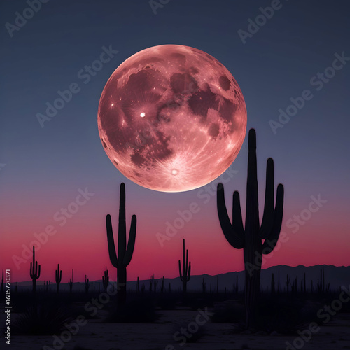 Pink Supermoon over Sonoran Desert: Giant Cactus Silhouette Landscape Photography