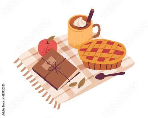 Autumn picnic illustration with coffee, pie, blanket and book. Cozy fall and lifestyle concepts. Flat vector design, perfect for thanksgiving and fall outdoors holiday.