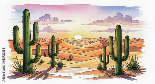 Illustration of a desert landscape with saguaro cacti at sunset under a cloudy sky and rolling sand dunes