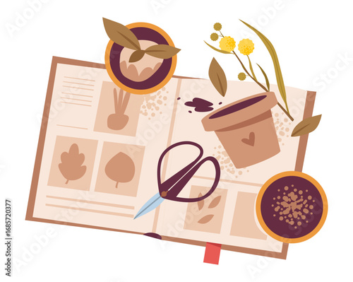 Cozy fall garden featuring plants, pot, book and foliage. Autumn gardening vector with seedling, shears and organic plants. Flat vector illustration.