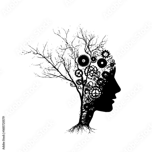 Silhouette of a head with gears and a tree representing thoughts and inner workings of the mind concept